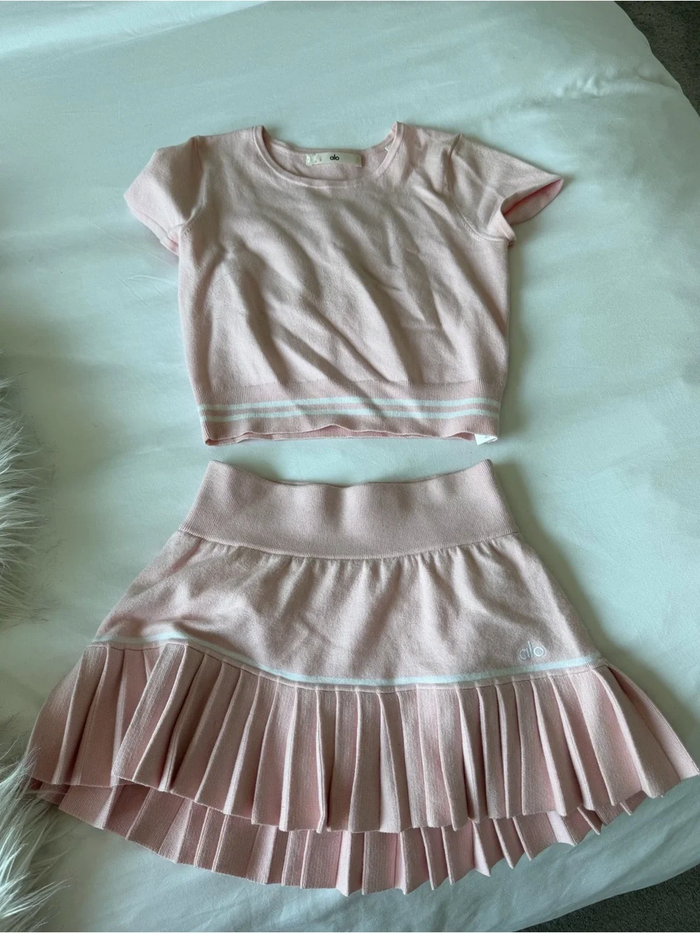 ALO Atelier Sundrenched Pink Cotton Cashmere Mini Skirt Set Top XS Skirt XXS